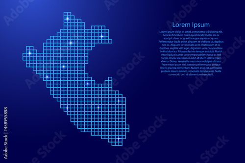 Peru map silhouette from blue mosaic structure squares and glowing stars. Vector illustration.