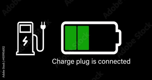 Graphic animation of a charging battery on a black background.Gas station sign on the dashboard of the car. The battery changes color when charging from red to white.Lightning sign at the gas station