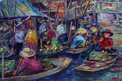 Art painting Oil color Floating market dumnoen saduak Thailand , countryside