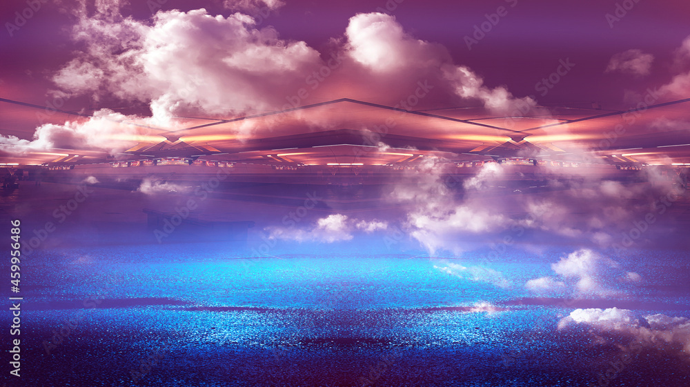 Futuristic fantasy landscape with light clouds. Natural scene with neon light reflected in water. Neon space galaxy portal. 3d illustration 