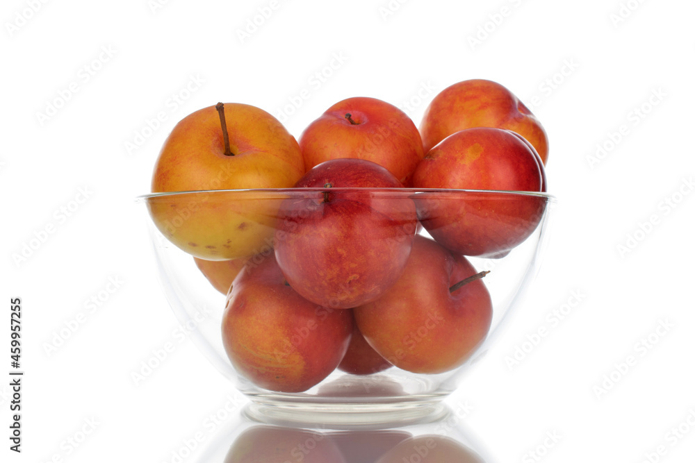 Several juicy organic yellow-red plums in a glass bowl, close-up, isolated on white. Several juicy organic yellow-red plums in a glass bowl, close-up, isolated on white.