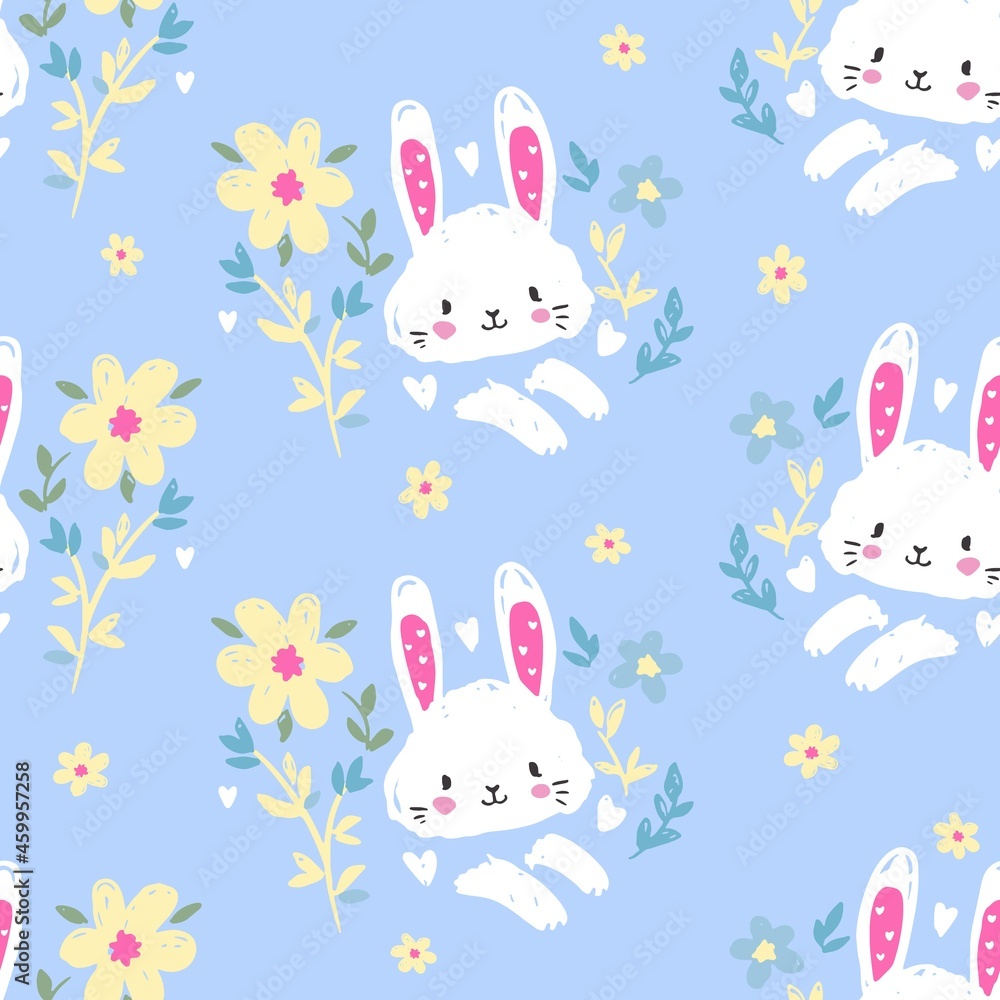 Cute rabbits and flower arrangement blue background vector seamless pattern. fun Textile for Kids Fashion. Cute rabbits and flower arrangement blue background vector seamless pattern. fun Textile for Kids Fashion.