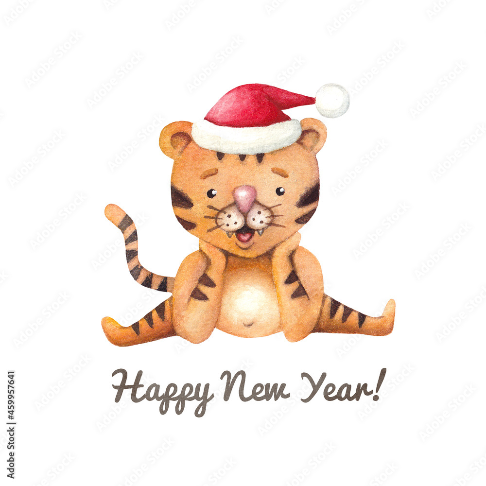 Obraz premium Watercolor illustration with a cute cartoon tiger in a red cap. Children's hand-drawn illustration on a white background.