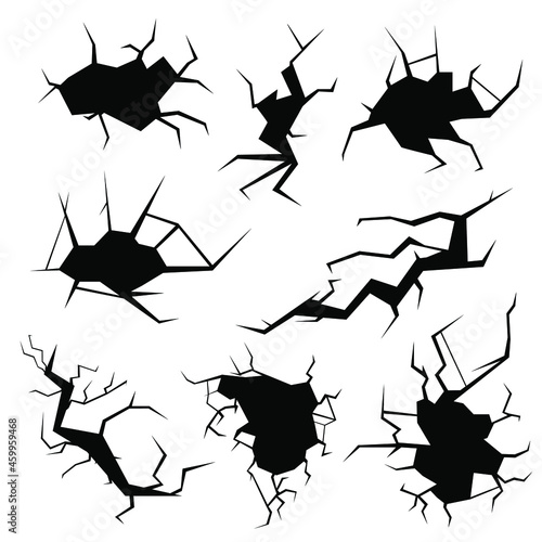 Set Black Collection Simple Line Cracked, Damaged, Hole, Earthquake, Destruction Doodle Outline Nature Element Vector Design Style Sketch Isolated Illustration
