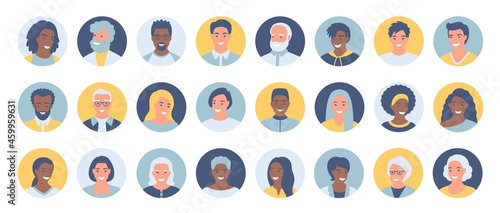 Set of persons, avatars, people heads of different ethnicity and age in flat style. Multi nationality social networks people faces collection.