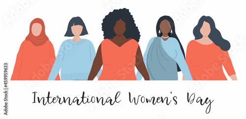 Diverse group of women are stand together. International Women's Day concept. Women's community. Female solidarity. Women silhouettes of different races. Vector illustration