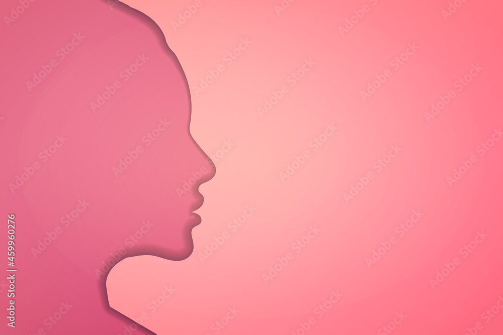 Papercut beautiful woman silhouette on pink background