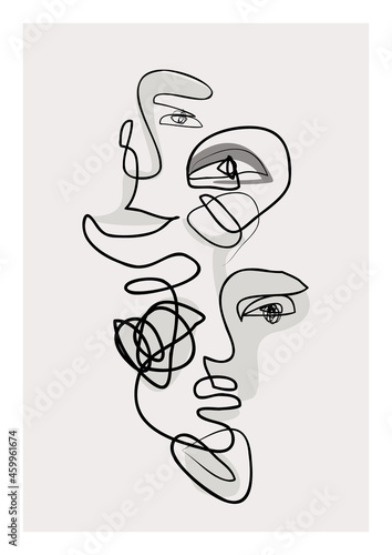 Modern female face, eyes, lips in one line drawing on doodle background