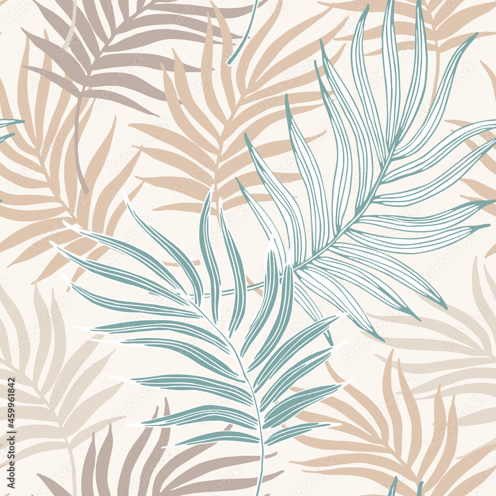 Hand drawn curved palm leaves silhouettes and sketches background