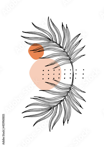 Abstract geometric shapes, tropics leaves line sketch poster in minimal style.