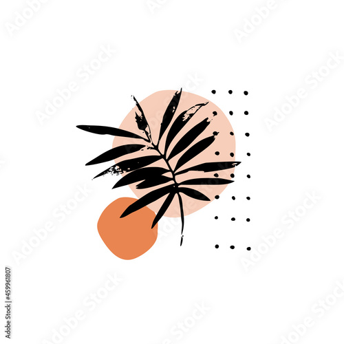 Abstract geometric shapes, grunge tropics leaves poster in minimal style.