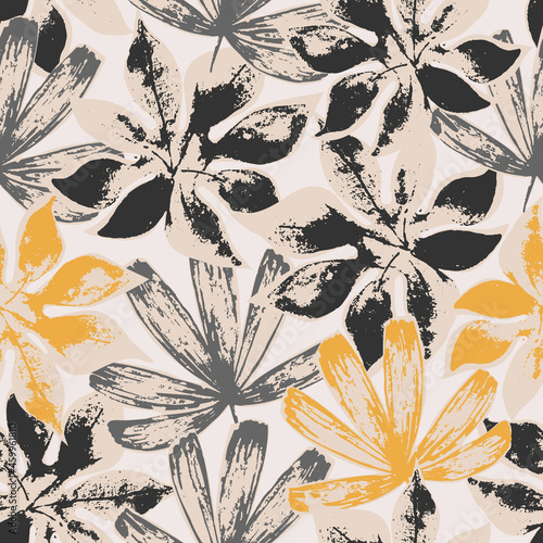 Modern illustration with tropical leaves, rough grunge textures