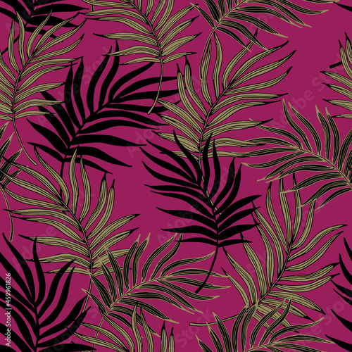Hand drawn curved palm leaves silhouettes and sketches background