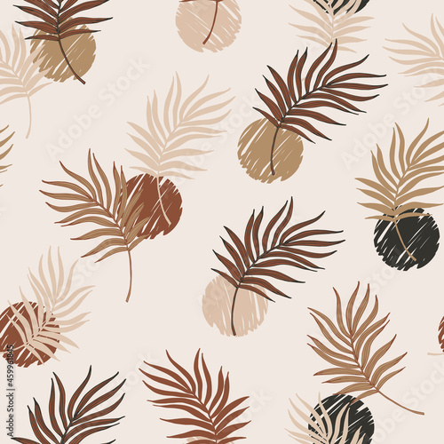 Vector palm leaf line art seamless pattern on modern earth toned scribble polka dot background