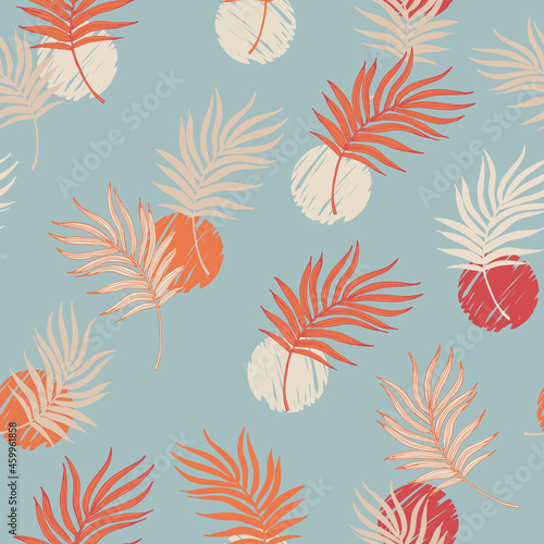 Vector palm leaf line art seamless pattern on pastel scribble polka dot background.