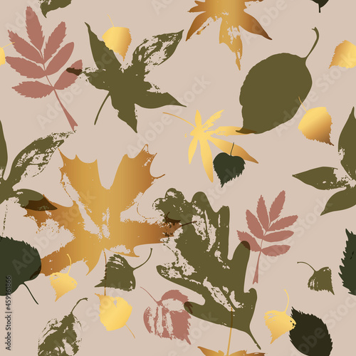 Autumn leaves seamless pattern in golden gradient green colors