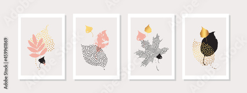 Autumn leaves set. Hand drawn forest leaf silhouettes with doodle, grunge, scribble textures