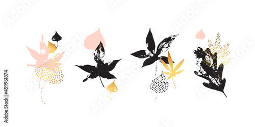 Autumn leaves set. Hand drawn forest leaf silhouettes with doodle, grunge, scribble textures