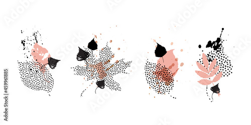Autumn leaves set. Hand drawn forest leaf silhouettes with doodle, grunge, scribble textures