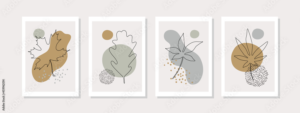 Botanical wall art set with abstract geometric shapes, autumn tree leaves  line art drawing, minimal doodles Stock Vector | Adobe Stock
