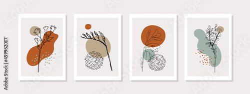 Botanical wall art vector set with abstract geometric shapes, meadow foliage line art drawing, minimal doodles