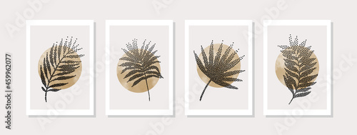 Abstract dotted leaves on geometric background, poster set. Halftone tropical leaf, watercolor circles contemporary art