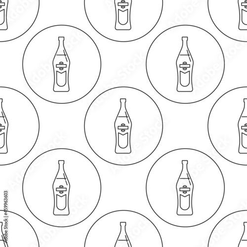 Seamless pattern of bottle of vermouth in flat style in form of thin lines. In the form of background is circle. Repeat wallpaper pattern beverages. Black and white template for restaurant