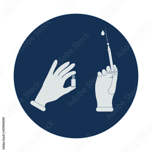 Medical icon of doctor's hands in gloves holding a syringe and ampoule with medicine. Vector.