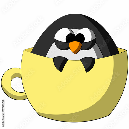 Cute cartoon Penguin in a Mug. Draw illustration in color
