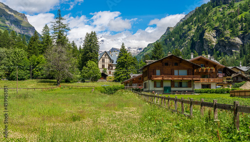 Idyllic summer view at Gressoney-Saint-Jean with the Monterosa in the background. In the Lys Valley. Aosta Valley, northern Italy.