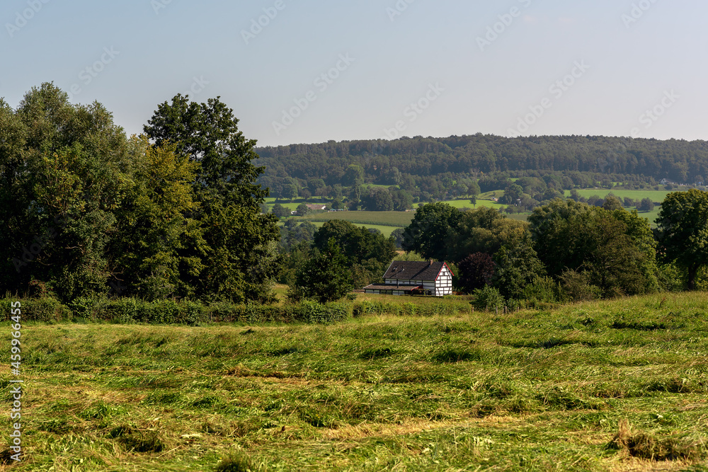Freshly mowed meadow with a historic white half-timbered farm and trees in a hilly landscape under a blue sky on a sunny summer day. Freshly mowed meadow with a historic white half-timbered farm and trees in a hilly landscape under a blue sky on a sunny summer day.