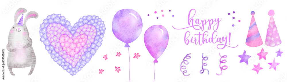 Birthday Watercolor party set for invitation and greeting cards. Hand drawn vintage celebration objects: air balloons, stars, hats. Flower heart and cute cartoon baby bunny in pink and purple colors.