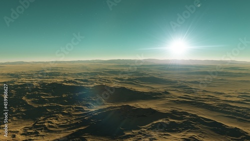 realistic surface of an alien planet, view from the surface of an exo-planet 3d illustration