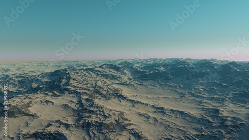 realistic surface of an alien planet, view from the surface of an exo-planet 3d illustration