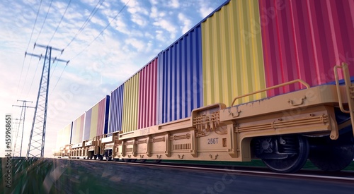Romanian exports. Freight train with loaded containers in motion. 