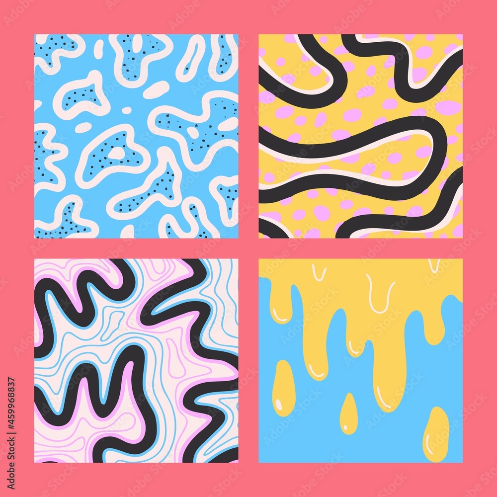 Hand-drawn abstract shapes. Large set of multicolored vector illustrations. Cartoon, psychedelic style. Flat design. All elements are isolated. Square posters, logo templates.