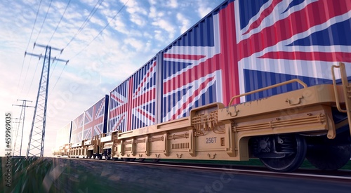 UK exports. Freight train with loaded containers in motion. 