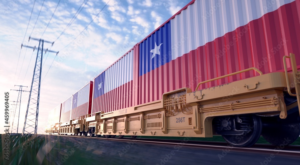 Chilean exports. Freight train with loaded containers in motion. 