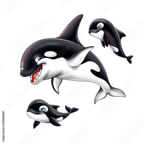 Cheerful killer whales mom and two children