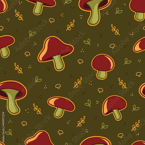Seamless mushroom pattern with leaves and fungi on a forest green background.