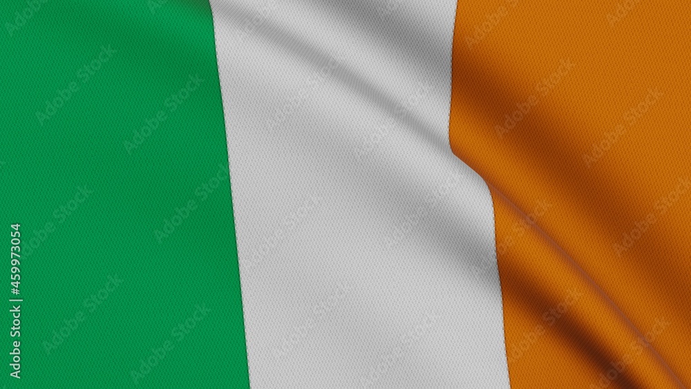 Flag of Ireland. Close-up of a flag flying in the wind. 3D rendering 