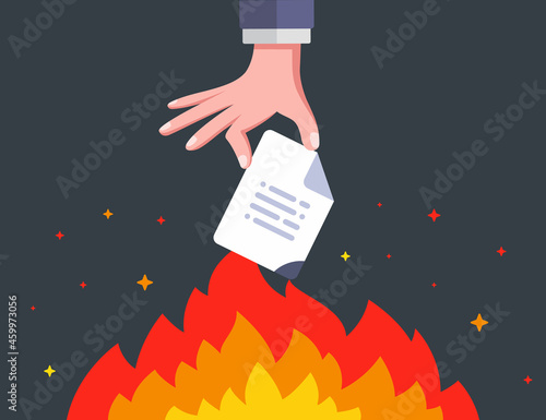 hand sets fire to an important document. destroy information forever. flat vector illustration.