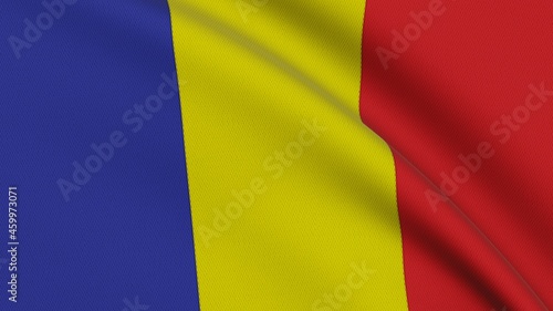 Flag of Romania. Close-up of a flag flying in the wind. 3D rendering 