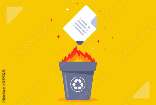burn the document in the bin. destroy data. flat vector illustration.