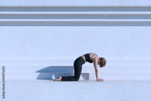 Woman in cat pose yoga pilates outdoors