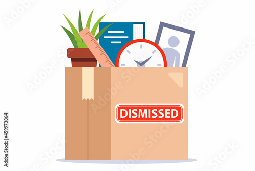 box with personal belongings of the dismissed employee. job loss. flat vector illustration.