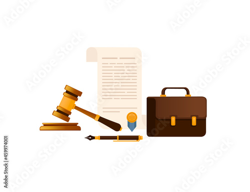 Judge gavel arrest warrant and suitcase vector illustration on white background