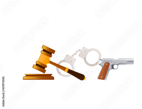 Judge's gavel handcuffed to a pistol weapon crime and punishment vector illustration on white background