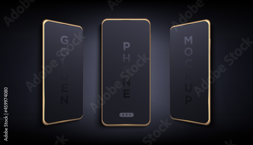 Modern futuristic black thin frame full screen smart phone mock up with different angles. Blank screen isolated device on dark background. Mockup for mobile applications and presentations design.