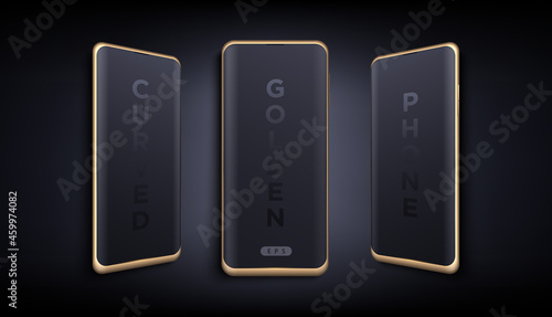 Modern futuristic golden thin frame waterfall screen smart phone mock up with different angles. Curved edge display isolated device on dark background. Mockup for mobile applications design.
